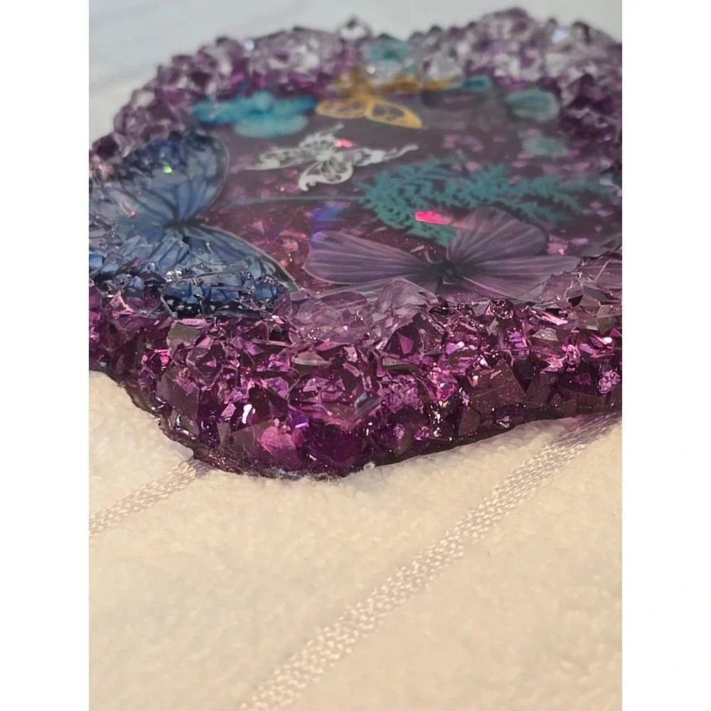 Handmade Resin Crystal Edge Trinket‎ Holder Purple With Butterflies  778
